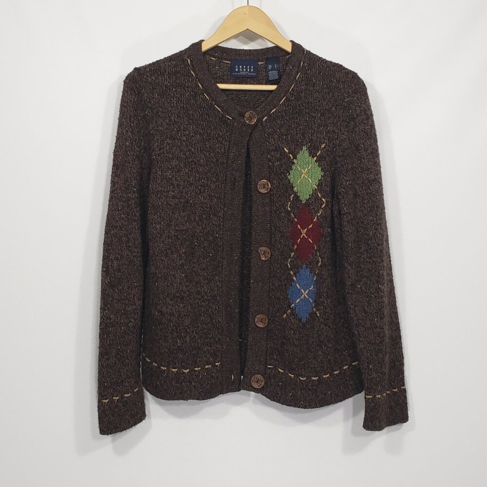 Crazy Horse  Brown Button Front Cardigan  Women's Large  Argyle Pattern